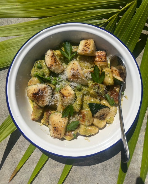 Basil Pesto Gnocchi served with Green Pea and Zucchini