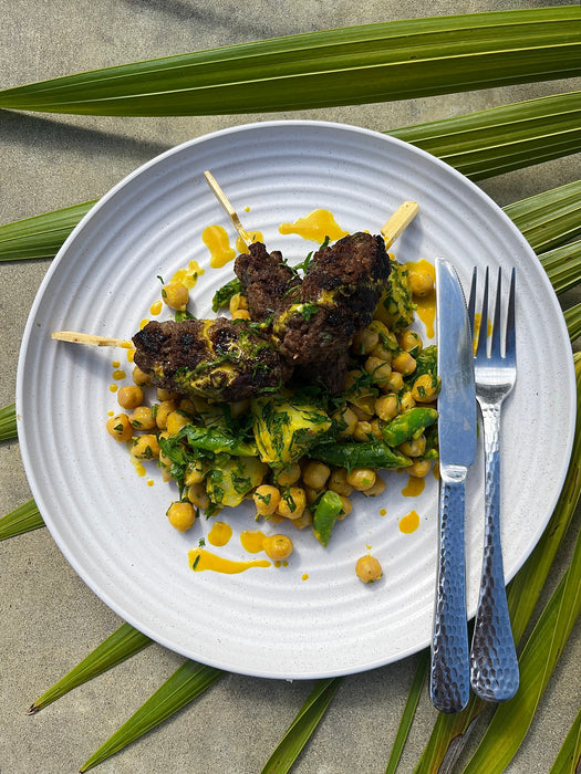 Australian Goat Kofta with Chickpea, Green Bean & Potato Salad and Lemon Turmeric Dressing